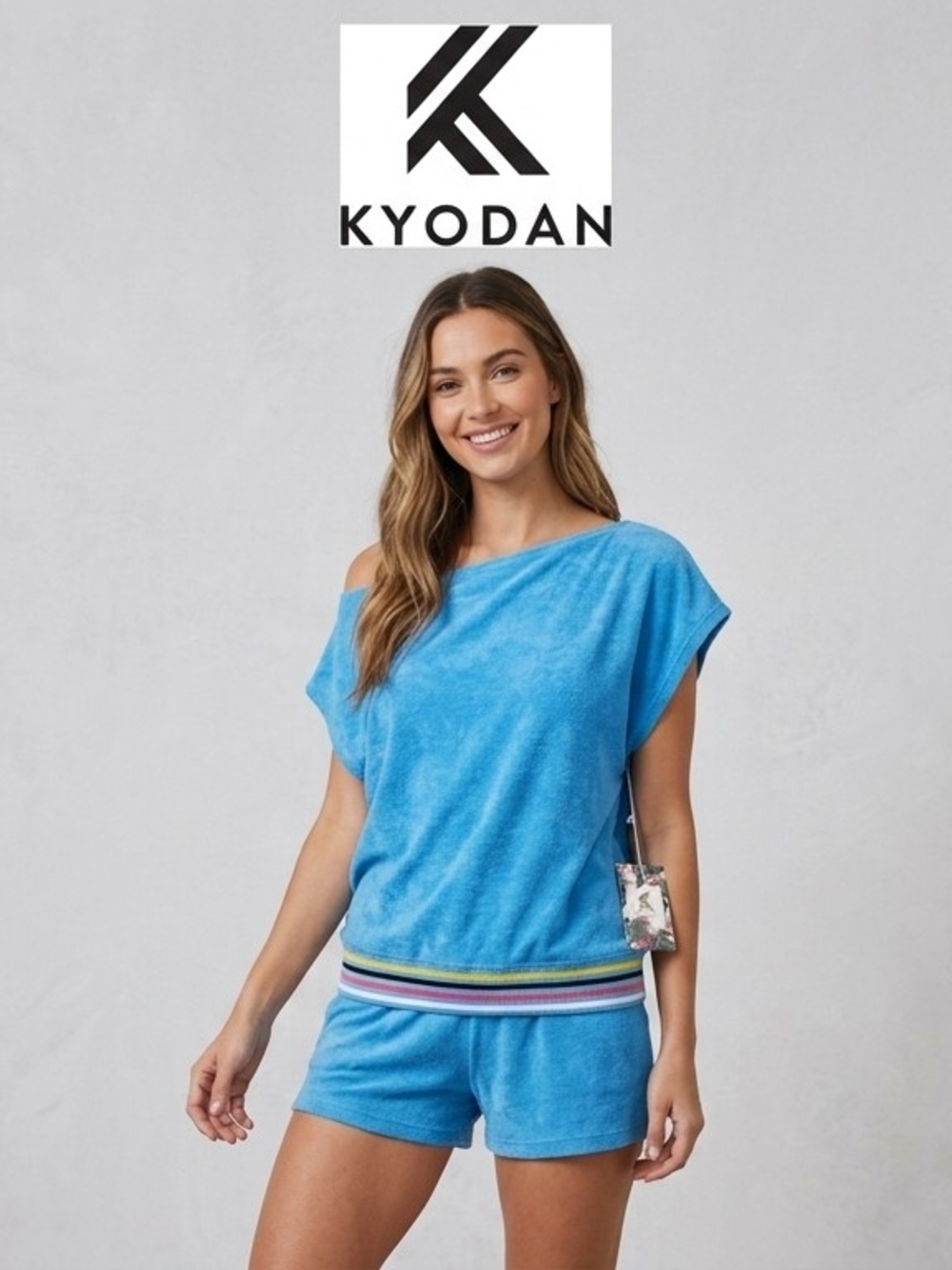 Kyodan Bright Blue Off-Shoulder Terry Lounge Top with Striped Waistband
